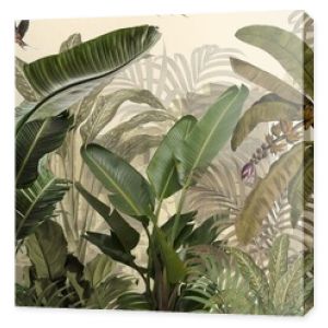 Tropical plants wallpaper design, Jungle background, big leaf and bird, back yard, landscape, mural art.