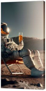 An astronaut sits on a chair and basks under the rays of a bright star while drinking beer on an alien planet, the concept of travel and lifestyle of an astronaut on another planet, art generated ai