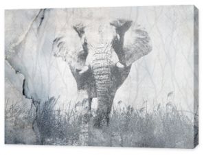 Beautiful  illustration with elephant on concrete grunge wall. Foresty background for wallpaper, photo wallpaper, mural, card, postcard, painting. Design in the loft, classic, modern style.