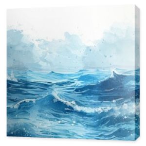 Abstract ocean waves background, vector watercolor illustration on white isolated background, detailed illustration of a sea landscape in the style of watercolour art, pastel blue color, simple design