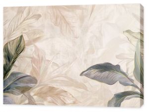 Tropical leaves on a light beige background with textural backgrounds, photo wallpaper mural in the interior