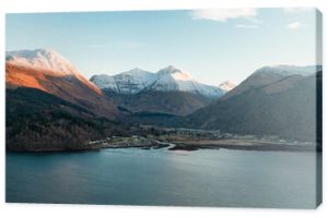 Aerial View of Glencoe and the Mountains Surrounding The Small Town in Scotland