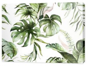 Green tropical leaves on white background. Watercolor hand painted seamless pattern. Floral tropic illustration. Jungle foliage.