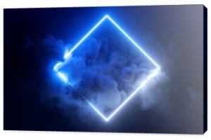 3d rendering, abstract futuristic background with neon geometric shape and stormy cloud on night sky. Rhombus frame with copy space