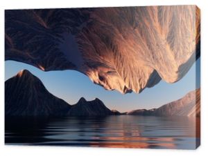 3d render, futuristic landscape with cliffs and water. Modern minimal abstract background. Spiritual zen wallpaper with sunset or sunrise light