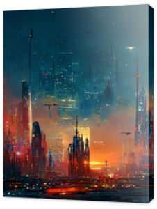 Spectacular nighttime in cyberpunk city of the futuristic fantasy world features skyscrapers, flying cars, and neon lights. Digital art 3D illustration. Acrylic painting.