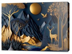 Dark blue mural wallpaper from the contemporary era Christmas tree, mountain, deer, birds, and waves of gold on a dark blue backdrop depicting a jungle or forest. Generative AI