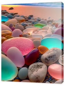 Colorful gemstones on a beach. Polish textured sea glass and stones on the seashore. Green, blue shiny glass with multi-colored sea pebbles close-up. Beach summer background.