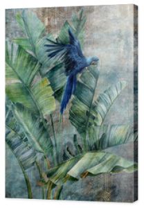 Parrot on huge banana leaves. Grunge photo wallpaper with abstract elements on the dark concrete background. Illustration for wallpaper, fresco, mural.