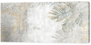 Mural art design. Art drawn tropical leaves on grunge concrete background. Wallpaper gray abstract leaves on concrete background. Tropical gray leaves on grunge concrete background Wallpaper.