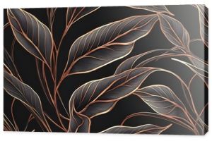 seamless wallpaper of illustrated plant leaves, copper and black colors, sleek, elegant