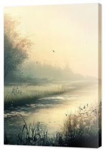 A serene landscape at dawn, with soft, muted colors and gentle mist creating a sense of peaceful reverie and quiet contemplation.