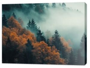 Tranquil scene with a lot of fog and a forest in autumn colors