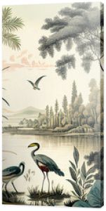 Vintage wallpaper featuring a forest landscape with lake, vegetation, trees, birds and herons.