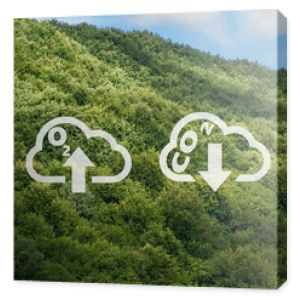 wymiana węgla na zbiorniku Zdjęcie symboli CO2 i O2 w chmurze z oznaczeniem wymiany na tle gór porośniętych lasem