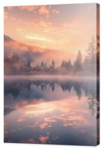 Jezioro otoczone drzewami, na tle wysokiej góry. Obraz przedstawia spokojną scenerię mglistej przyrody, z wodą, drzewami i górą.