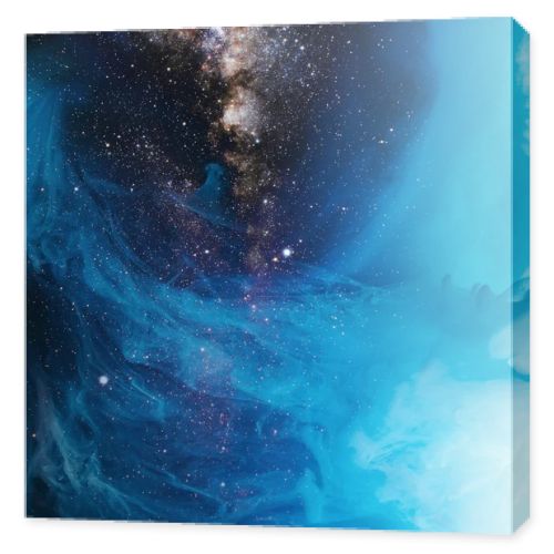 full frame image of mixing blue and black paint splashes in water with universe background