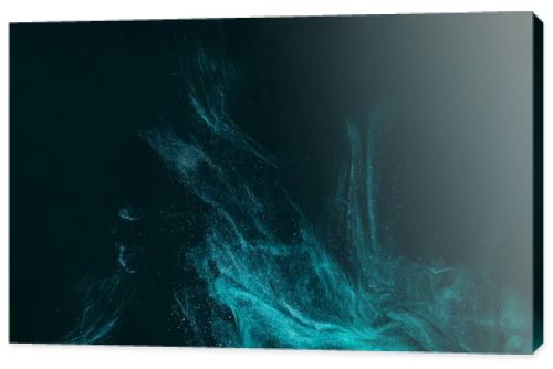 abstract artistic background with turquoise paint flowing on black 