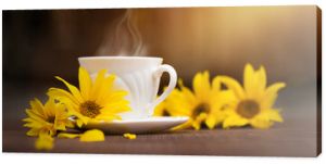 filiżanka kawy w jesienny poranek kawa o poranku i żółte kwiaty słonecznika