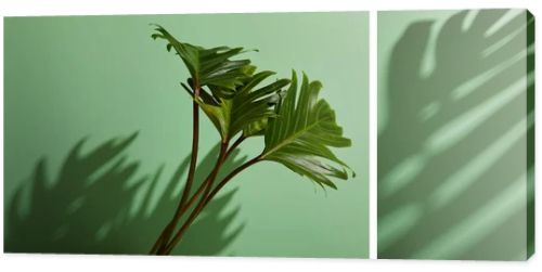 collage of fresh tropical green leaves on green background with shadow