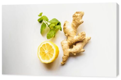 top view of ginger root, lemon and mint on white background