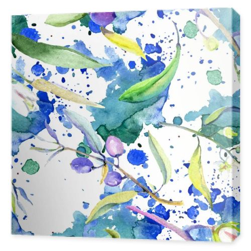 Olives watercolor background illustration set. Seamless background pattern. Fabric wallpaper print texture.
