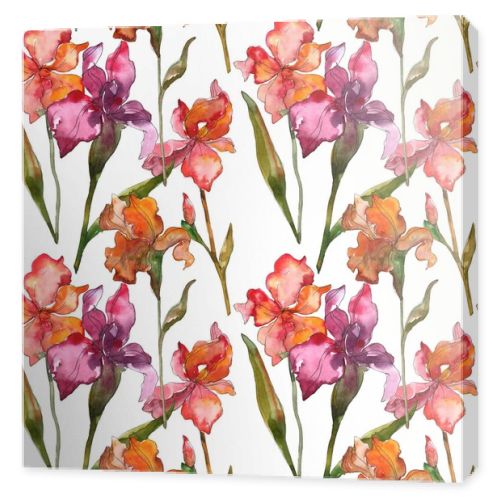 Red and purple irises. Watercolor illustration set. Seamless background pattern. Fabric wallpaper print texture.