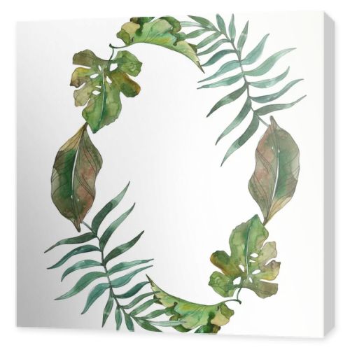 Exotic tropical hawaiian summer. Palm beach tree leaves. Watercolor background illustration set. Watercolour drawing fashion aquarelle isolated. Frame border ornament square.