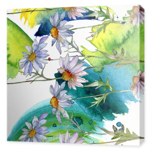 chamomiles with green leaves watercolor illustration, seamless background pattern