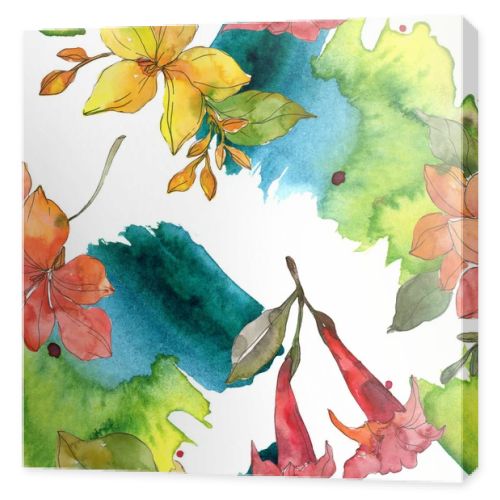 Red and yellow tropical botanical flowers. Wild spring leaf isolated. Watercolor illustration set. Watercolour drawing fashion aquarelle. Seamless background pattern. Fabric wallpaper print texture.