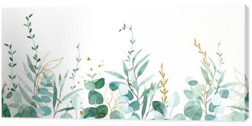 watercolor seamless pattern, border with green eucalyptus leaves and golden leaves and splashes.