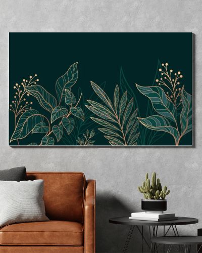 Leaves golden background. Aesthetics and elegance, luxury. Symbol of spring and summer season. Linear ornament with foliage. Monstera plant line art pattern. Flat vector illustration