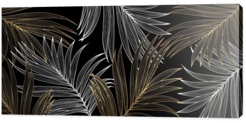 Tropical dark luxury background with golden and white palm leaves. Background for decor, covers, wallpapers, postcards and presentations