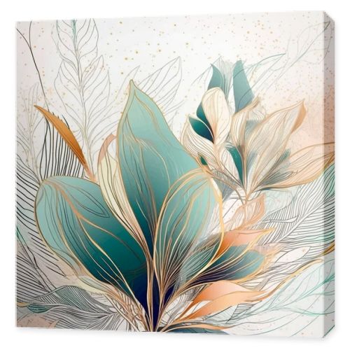 Lines Arrangement abstract watercolor pattern with line art leaves.  Vector modern tropical background. Floral leafy pattern. Fashion trendy abstract arrangements with tropical lines flowers, leaves.