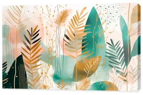 Watercolor abstract botanic tropical pattern with exotic flowers, leaves.  Vector dirty background. Floral pattern. Fashion trendy abstract arrangements with tropical colorful plants. leaf. spots.