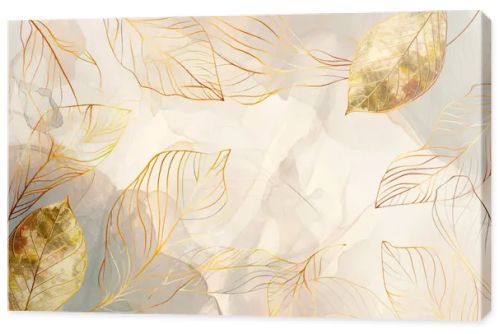 Gold leaves watercolor drawing pattern background with golden line art leaves, brush strokes, spots. Vector painted beautiful  illustration. Elegance decorative nature design. Grunge ornate texture.