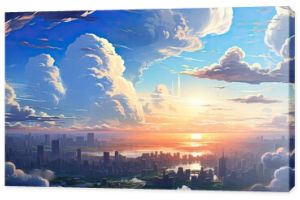 Chmury nad futurystycznym miastem w stylu anime