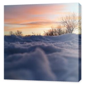 Zdjęcie zrobione z powierzchni śniegu, w tle widoczne krzewy i kolorowe chmury na niebie.