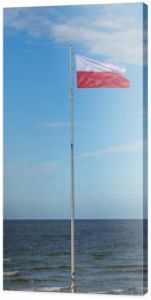 Polskie barwy narodowe, Polska flaga  na tle nieba nad morzem. Bałtyk Kołobrzeg Zachodniopomorskie 