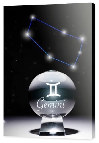 crystal ball with Gemini zodiac sign isolated on black with constellation