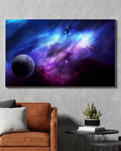 abstract space 3D illustration, 3d image, 3d rendering, background image, a bright planet in space in a nebula and the shining of stars in purple and blue tones
