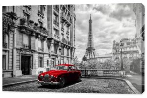 Artystyczna Paryż Francja Wieża Eiffla widziana z ulicy z czerwoną limuzyną retro
