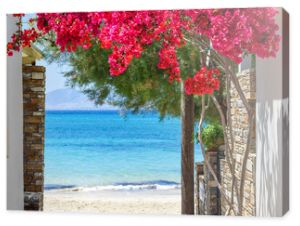 Typowa Grecka wąska ulica z letnimi kwiatami i widokiem na morze Naxos wyspa Cyklady Grecja