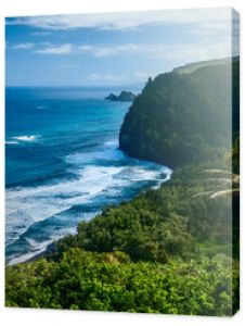 Panorama północnego wybrzeża Wielkiej Wyspy ze stromymi zielonymi klifami i niebieskim Oceanem Spokojnym Hawaje