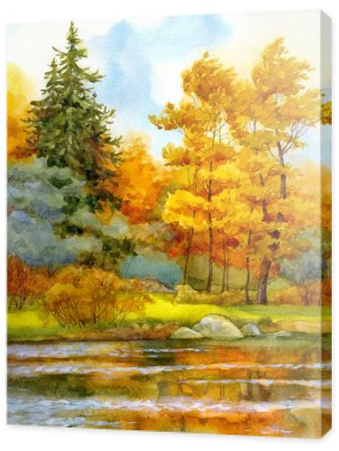 Watercolor landscape. Autumnal forest on the lake