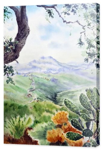 Landscape with hills far away and oak tree as a frame. Big prickly pear cactus closeup in the foreground against the background with bushes and a slope. Hand drawn watercolors on paper textures. Raster bitmap image