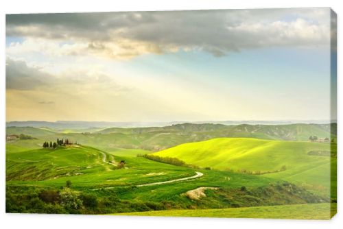 Tuscany, rural sunset landscape. Countryside farm, white road and cypress trees.