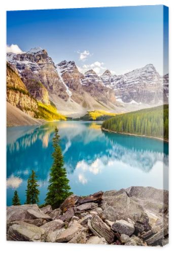 Landscape view of Moraine lake in Canadian Rocky Mountains