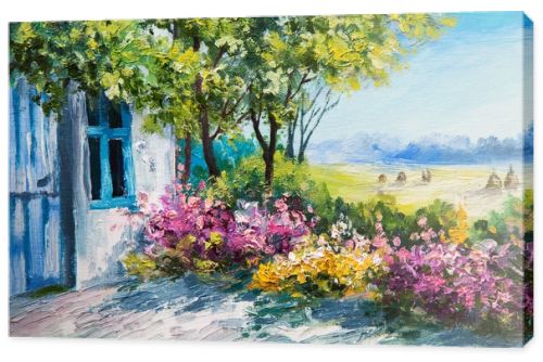 oil painting landscape - garden near the house, colorful flowers, summer forest