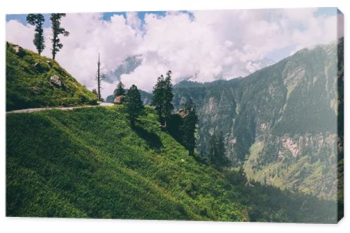 beautiful trees and road with car in scenic mountains, Indian Himalayas, Rohtang Pass  